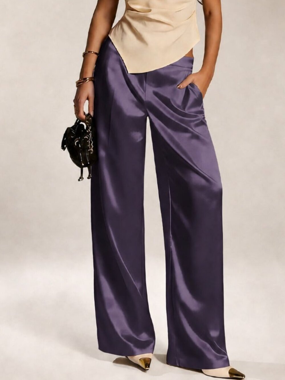 Purple Casual Women's Satin Silk Pants With Pockets And Zipper